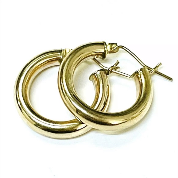 Shiny! Solid 10k Yellow Gold .80” 4mm Thick Tube Hoop Earrings - Picture 2 of 3